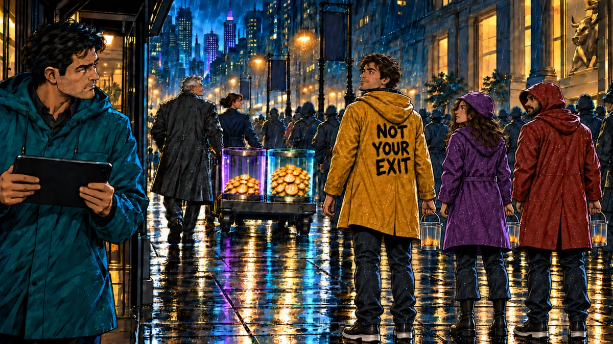 The crowd in mustard, purple and rust coats checks its position while holding small matching Bitcoin buckets.