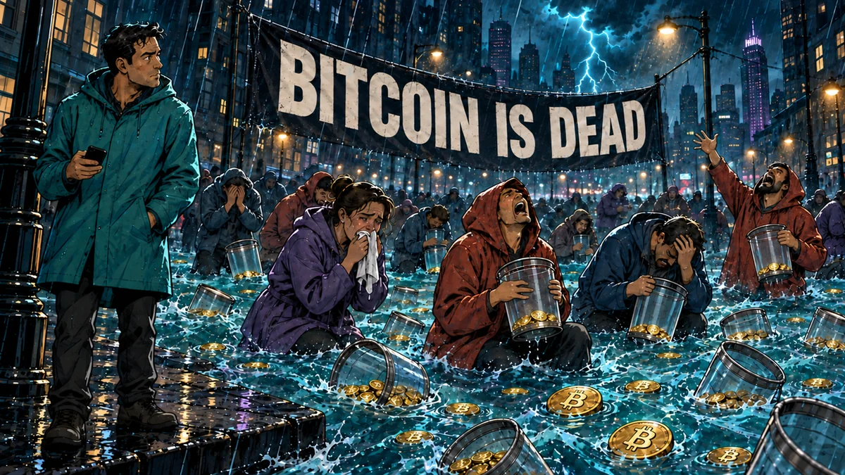 The investigator in his teal coat watches the crowd mourn Bitcoin in a flooded street.