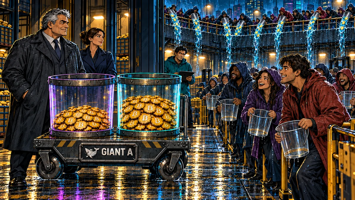 The whales collect Bitcoin in enormous transparent buckets while the crowd panics.