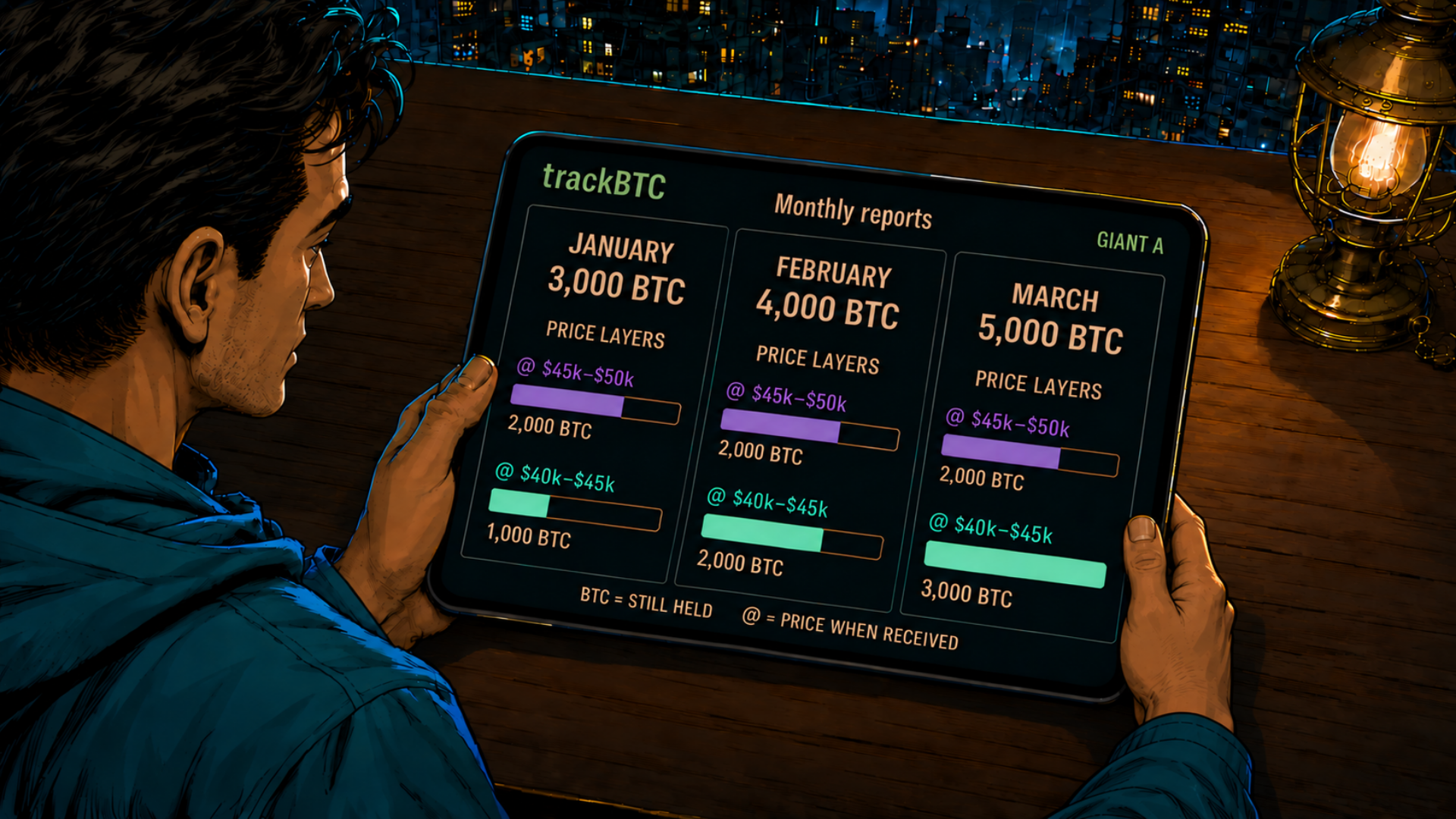 The film’s monthly reports show Giant A’s $40k–$45k layer growing from 1,000 BTC in January, to 2,000 in February, to 3,000 in March. Its $45k–$50k layer stays at 2,000 BTC.