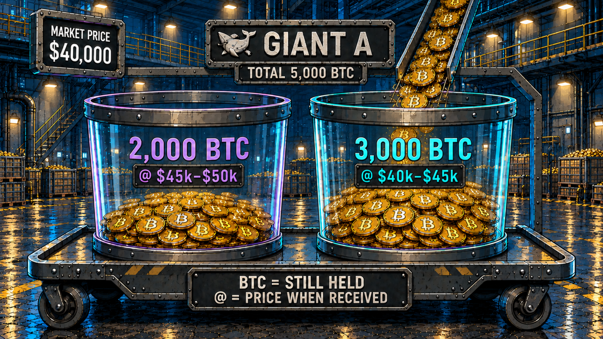 Illustrative Giant A holds 2,000 BTC received at $45k–$50k and 3,000 BTC received at $40k–$45k, in two buckets on the same trolley.